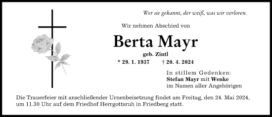 Traueranzeige von Berta Mayr von Friedberger Allgemeine