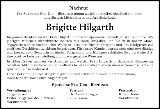 Traueranzeige von Brigitte Hilgarth von Neu-Ulmer Zeitung
