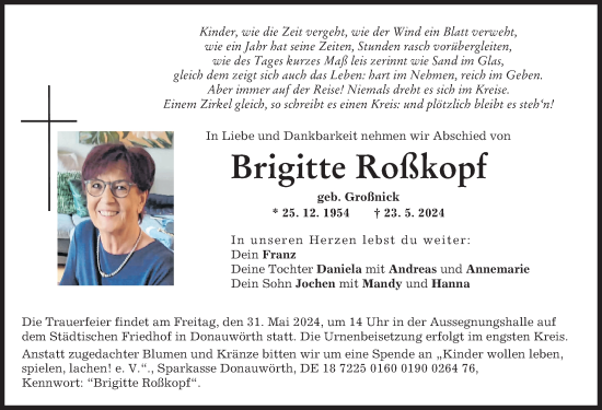 Traueranzeige von Brigitte Roßkopf von Donauwörther Zeitung
