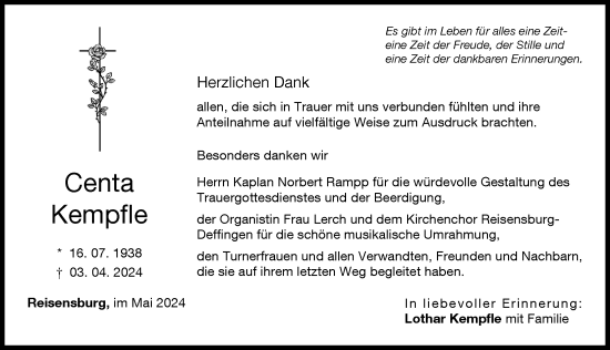Traueranzeige von Centa Kempfle von Günzburger Zeitung