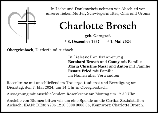 Traueranzeige von Charlotte Brosch von Aichacher Nachrichten