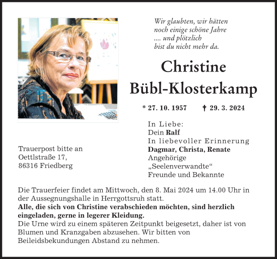 Traueranzeige von Christine Bübl-Klosterkamp von Friedberger Allgemeine