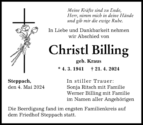 Traueranzeige von Christl Billing von Augsburger Allgemeine