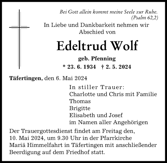 Traueranzeige von Edeltrud Wolf von Augsburger Allgemeine