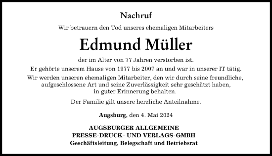 Traueranzeige von Edmund Müller von Schwabmünchner Allgemeine