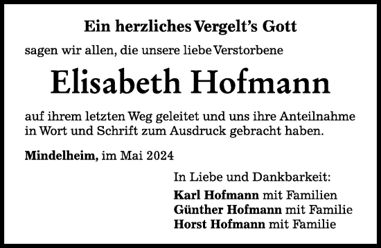 Traueranzeige von Elisabeth Hofmann von Mindelheimer Zeitung