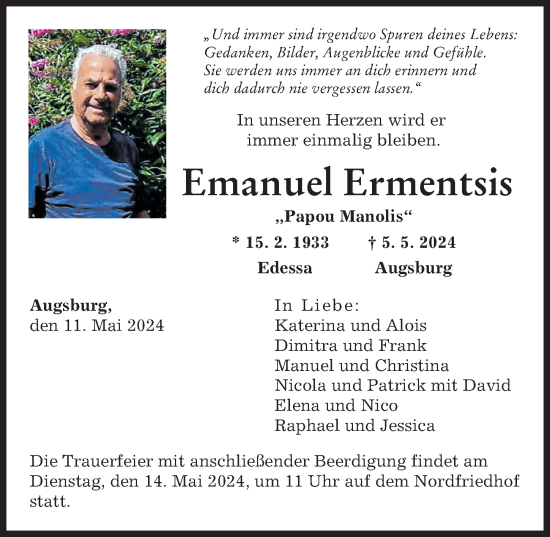 Traueranzeige von Emanuel Ermentsis von Augsburger Allgemeine
