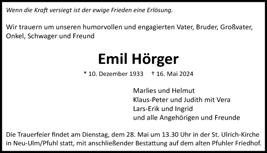 Traueranzeige von Emil Hörger von Augsburger Allgemeine, Neu-Ulmer Zeitung