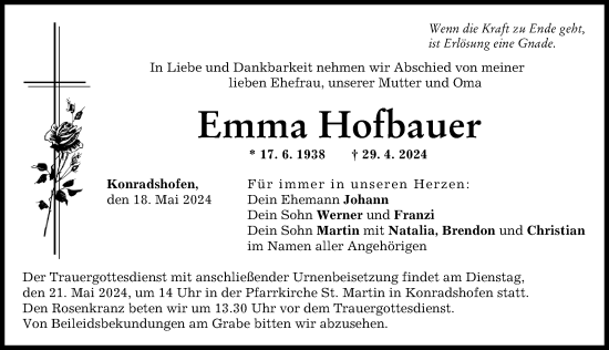 Traueranzeige von Emma Hofbauer von Augsburg-Land