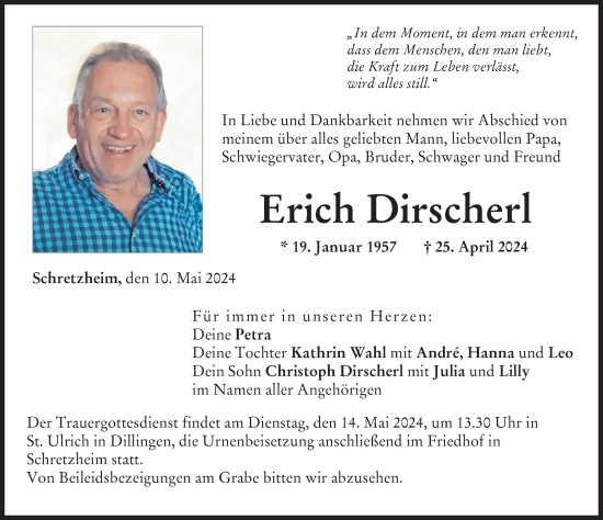 Traueranzeige von Erich Dirscherl von Donau Zeitung