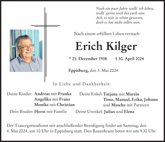 Traueranzeige von Erich Kilger von Donau Zeitung