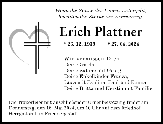 Traueranzeige von Erich Plattner von Augsburger Allgemeine