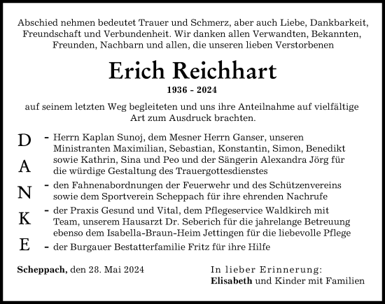 Traueranzeige von Erich Reichhart von Günzburger Zeitung