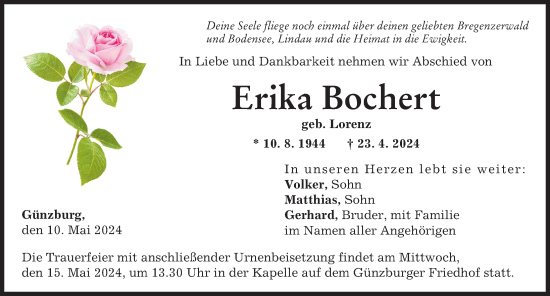 Traueranzeige von Erika Bochert von Günzburger Zeitung