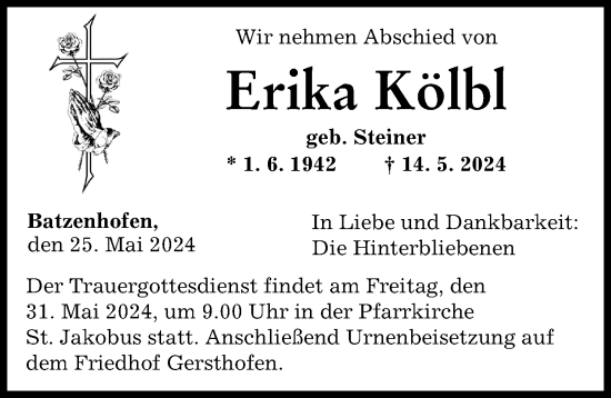 Traueranzeige von Erika Kölbl von Augsburger Allgemeine