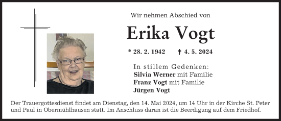 Traueranzeige von Erika Vogt von Landsberger Tagblatt