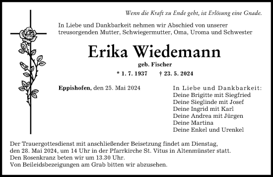 Traueranzeige von Erika Wiedemann von Augsburger Allgemeine