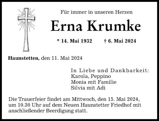 Traueranzeige von Erna Krumke von Augsburger Allgemeine