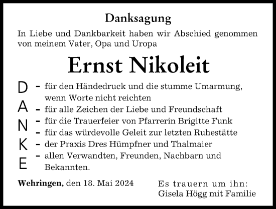 Traueranzeige von Ernst Nikoleit von Augsburger Allgemeine
