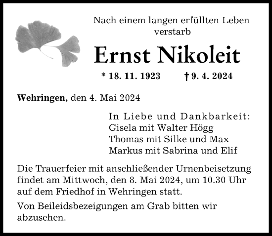 Traueranzeige von Ernst Nikoleit von Augsburger Allgemeine