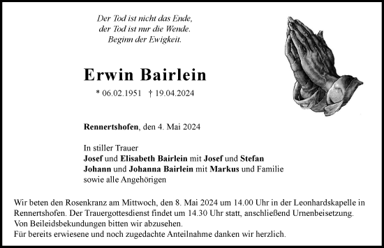 Traueranzeige von Erwin Bairlein von Neuburger Rundschau