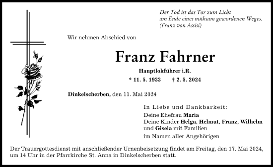 Traueranzeige von Franz Fahrner von Augsburg-Land