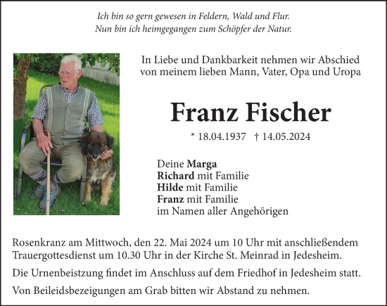 Traueranzeige von Franz Fischer von Illertisser Zeitung