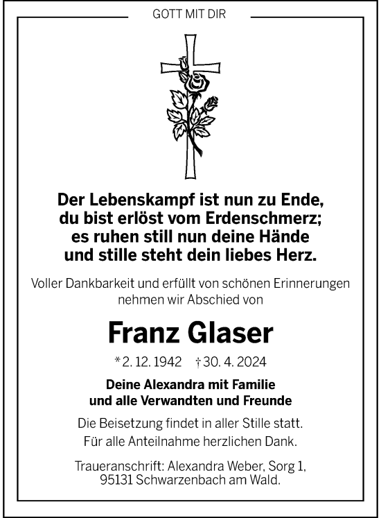 Traueranzeige von Franz Glaser von Rieser Nachrichten