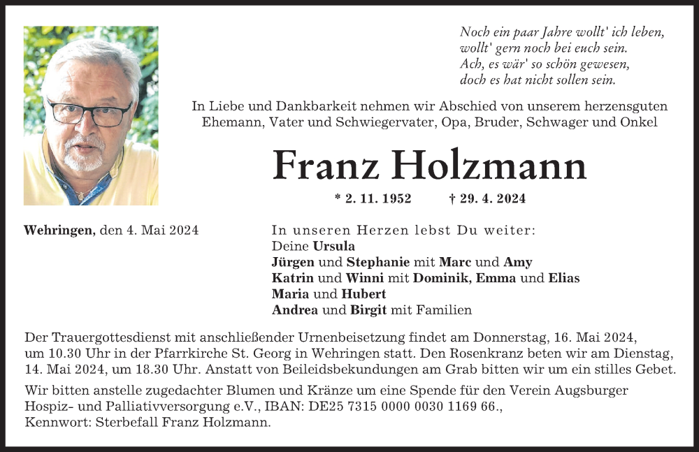  Traueranzeige für Franz Holzmann vom 04.05.2024 aus Schwabmünchner Allgemeine