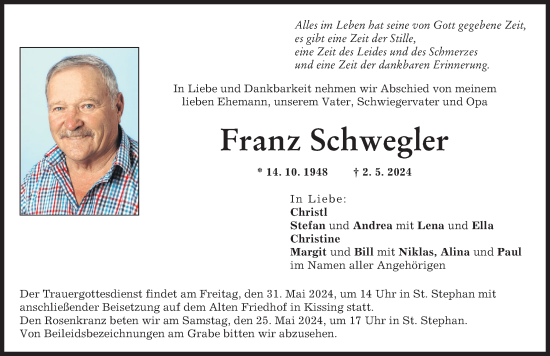 Traueranzeige von Franz Schwegler von Friedberger Allgemeine