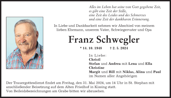 Traueranzeige von Franz Schwegler von Friedberger Allgemeine