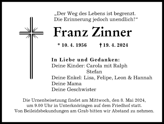 Traueranzeige von Franz Zinner von Günzburger Zeitung