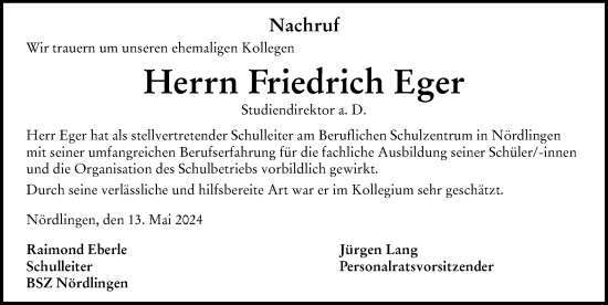 Traueranzeige von Friedrich Eger von Rieser Nachrichten