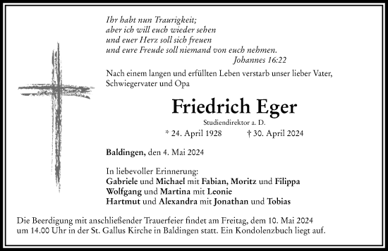 Traueranzeige von Friedrich Eger von Rieser Nachrichten