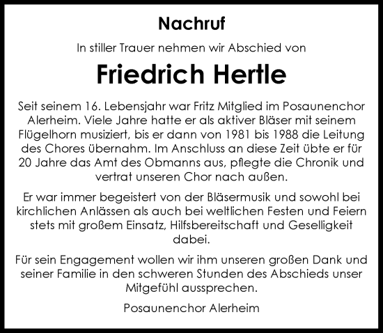 Traueranzeige von Friedrich Hertie von Rieser Nachrichten