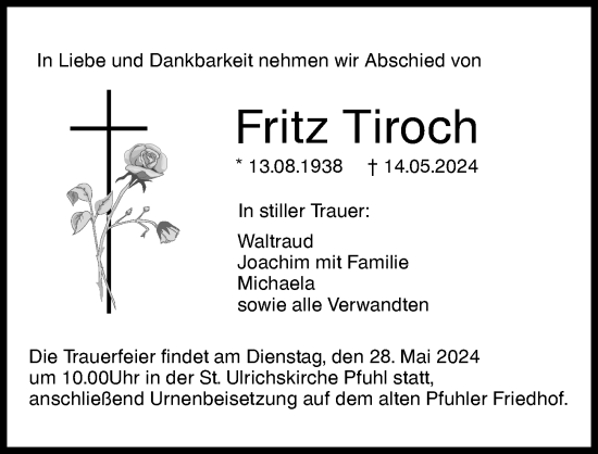 Traueranzeige von Fritz Tiroch von Augsburger Allgemeine, Neu-Ulmer Zeitung