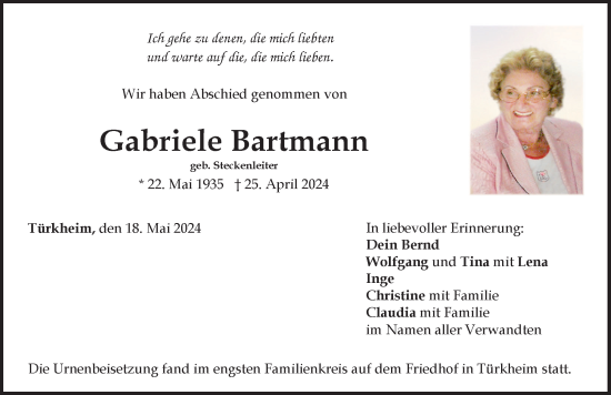 Traueranzeige von Gabriele Bartmann von Mindelheimer Zeitung