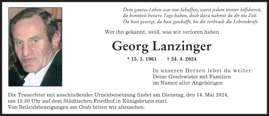 Traueranzeige von Georg Lanzinger von Augsburger Allgemeine