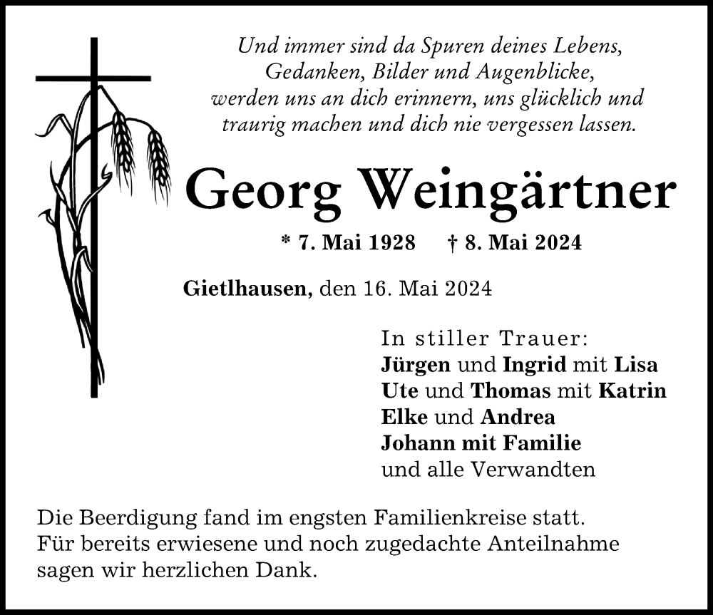  Traueranzeige für Georg Weingärtner vom 16.05.2024 aus Neuburger Rundschau