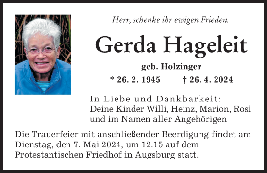 Traueranzeige von Gerda Hageleit von Augsburger Allgemeine