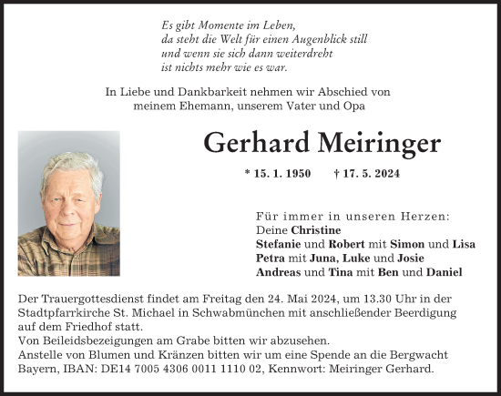 Traueranzeige von Gerhard Meiringer von Schwabmünchner Allgemeine