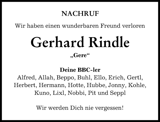 Traueranzeige von Gerhard Rindle von Schwabmünchner Allgemeine