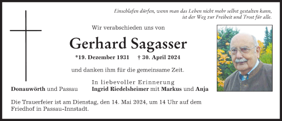 Traueranzeige von Gerhard Sagasser von Donauwörther Zeitung