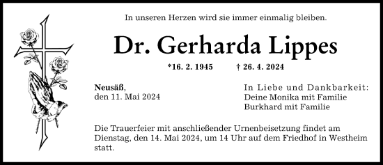 Traueranzeige von Gerharda Lippes von Augsburger Allgemeine