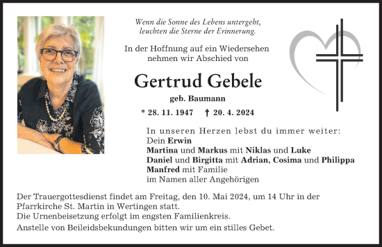 Traueranzeige von Gertrud Gebele von Wertinger Zeitung