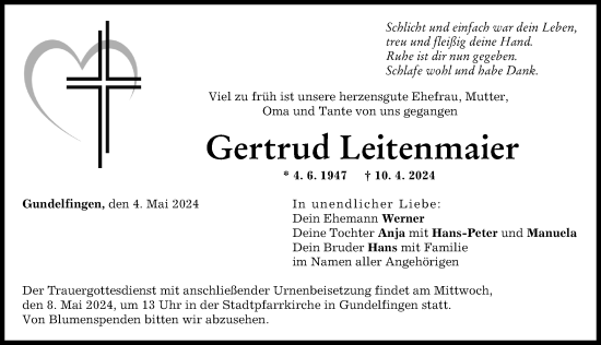 Traueranzeige von Gertrud Leitenmaier von Günzburger Zeitung