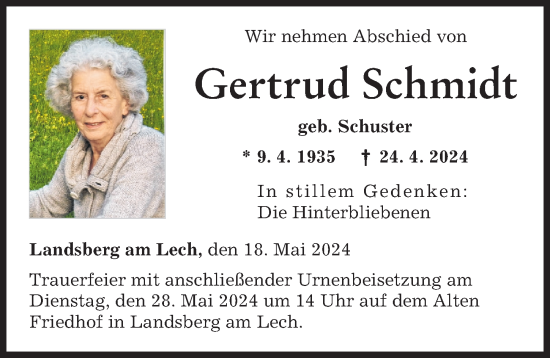 Traueranzeige von Gertrud Schmidt von Landsberger Tagblatt