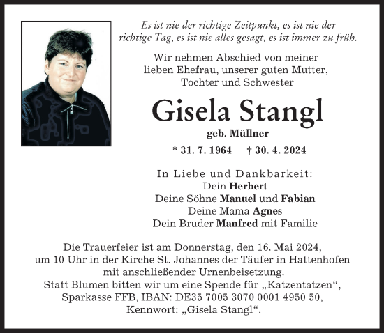 Traueranzeige von Gisela Stangl von Landsberger Tagblatt