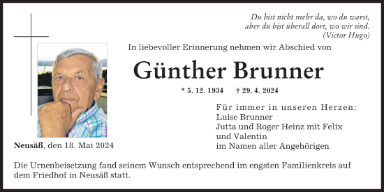 Traueranzeige von Günther Brunner von Augsburger Allgemeine