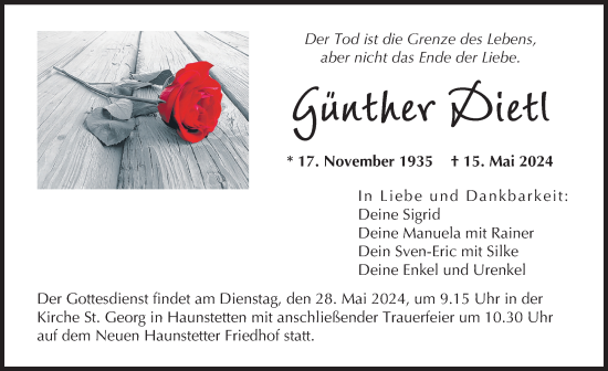 Traueranzeige von Günther Dietl von Augsburger Allgemeine